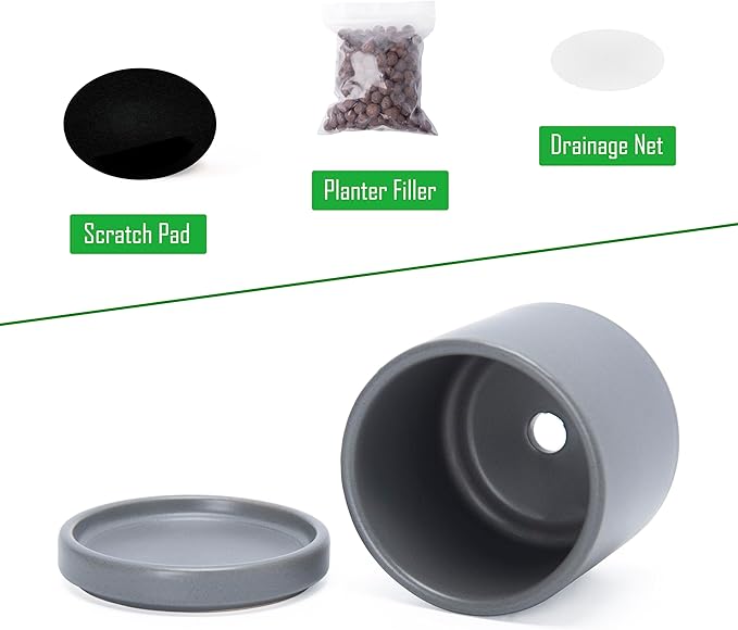 D'vine Dev Set of 2 Plants Pots, 3.5 Inch Ceramic Planter Pot for Plants with Drainage Hole and Saucer, Speckled Grey, 94-V-A-3