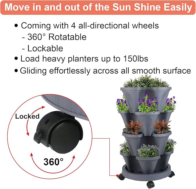 Vertical Planter 4 Tier Stackable Planters Garden Planters Strawberry Herb Flower and Vegetable Planter Indoor Outdoor Gardening Pots with Removable Wheels and Tools
