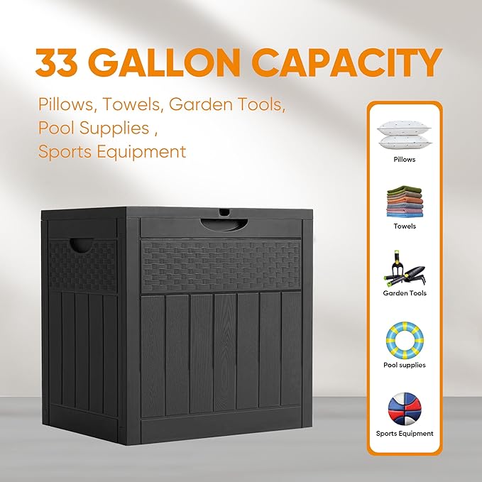 33 Gallon Resin Deck Box, Weatherproof Outdoor Storage Box for Patio, Garden, Pool, and Yard, Lockable Waterproof Bin for Tools, Cushions, and Accessories, Black