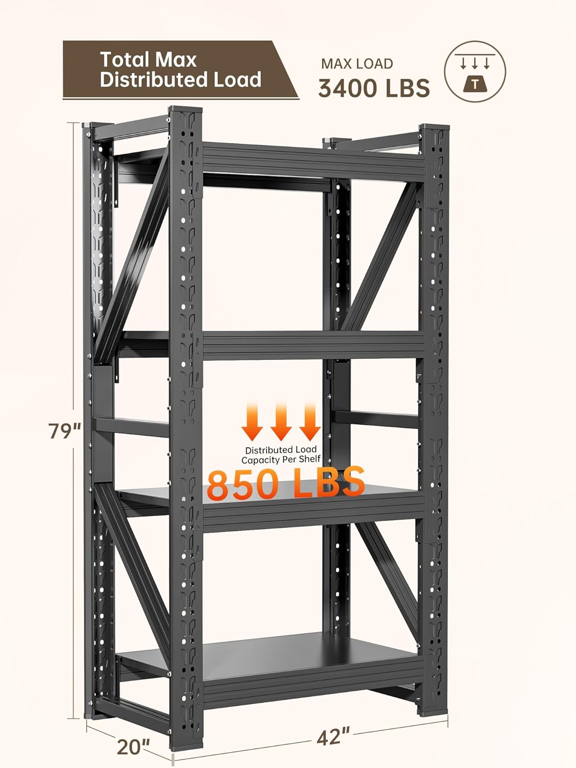 4-Tier Storage Shelves,79" H Heavy-Duty Garage Shelving Unit,Adjustable Industrial Metal Shelf System,3,400lbs Capacity,Tool Organizer for Garage,Workshop,42" W*20" D*79" H,Black