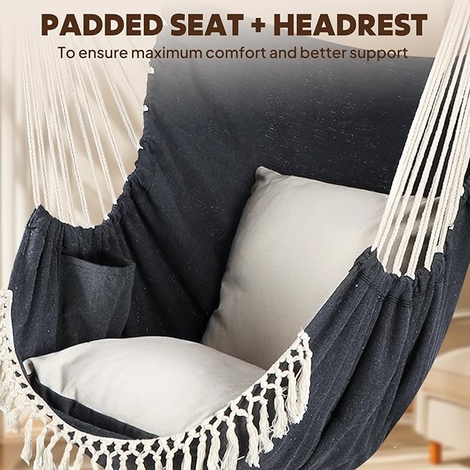 Chihee Hammock Chair Hanging Swing 2 Pillows Included,Strong Webbing Straps and Hooks for Easy Hanging Soft Cotton Hanging Chair Side Pocket Tassel Chair Comfort Indoor Outdoor Dark Grey