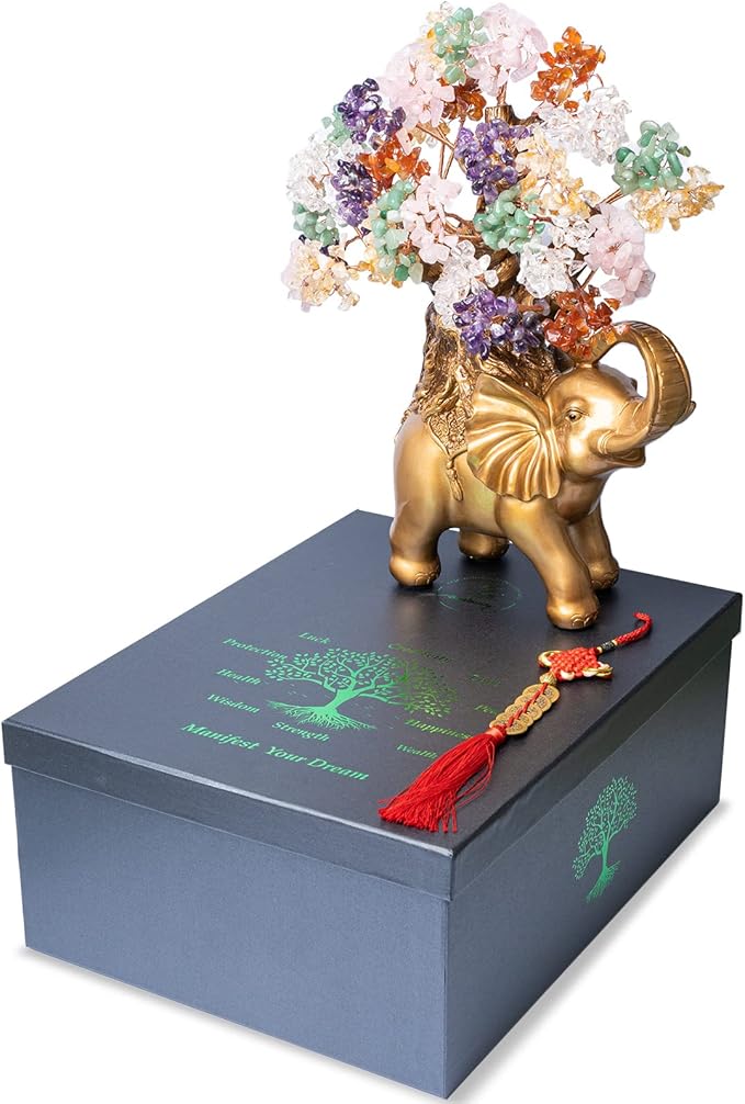 7 Chakra Crystal Money Tree on Gold Elephant Statue, 17”Large Gemstone Bonsai Tree of Life Home Décor Gifts for Wealth Positive Energy, Feng Shui Décor
