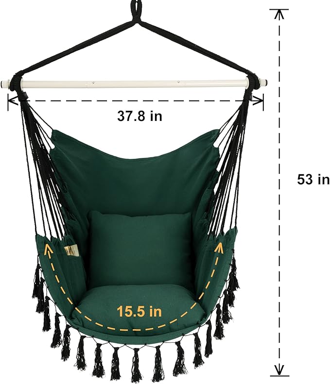 Y- STOP Hammock Chair Hanging Rope Swing, Max 500 Lbs, 2 Cushions Included, Large Macrame Hanging Chair with Pocket for Superior Comfort, with Hardware Kit, Green