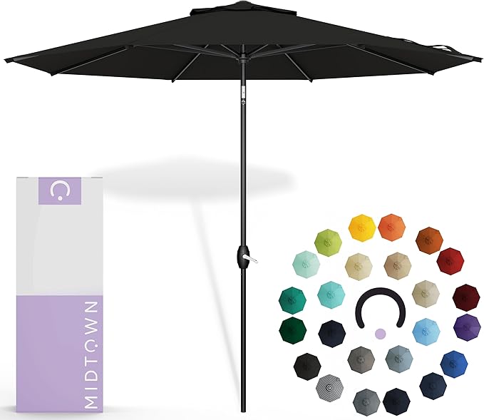 Midtown Umbrellas Sunbrella Umbrella 8 Feet Outdoor Umbrella With Sunbrella Black Acrylic Fabric - Auto-Tilt Aluminum Frame Patio Umbrella For Backyard, Deck, Garden, Pool - Black Pole
