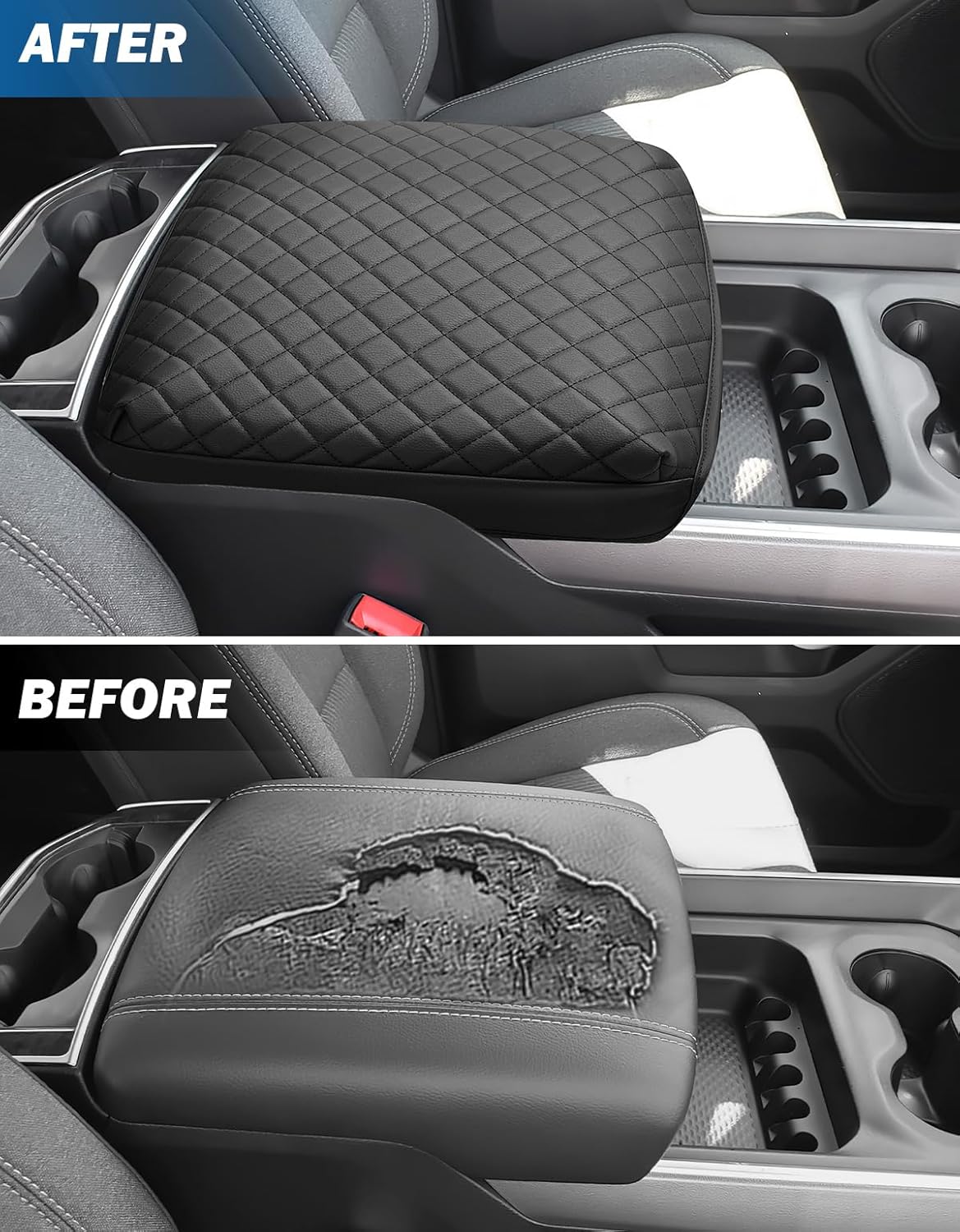 JOYTUTUS Center Console Cover Compatible with 2019-2025 Ram 1500 2500 3500, Leather Arm Rest Armrest Cover for Car, Durable Middle Console Cover Lid, Car Arm Rest Cover Pad Cushion Replacement