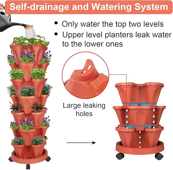Vertical Planter 7 Tier Stackable Planters Garden Planters Strawberry Herb Flower and Vegetable Planter Indoor Outdoor Gardening Pots with Removable Wheels and Tools