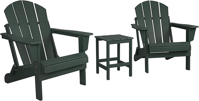 WO Home Furniture Adirondack Chairs Table Set of 3 PCS Outdoor Folding Chairs Side End Table Weather/UV Resistant for Lawn, Garden, Bon Fire, Balcony (Dark Green)
