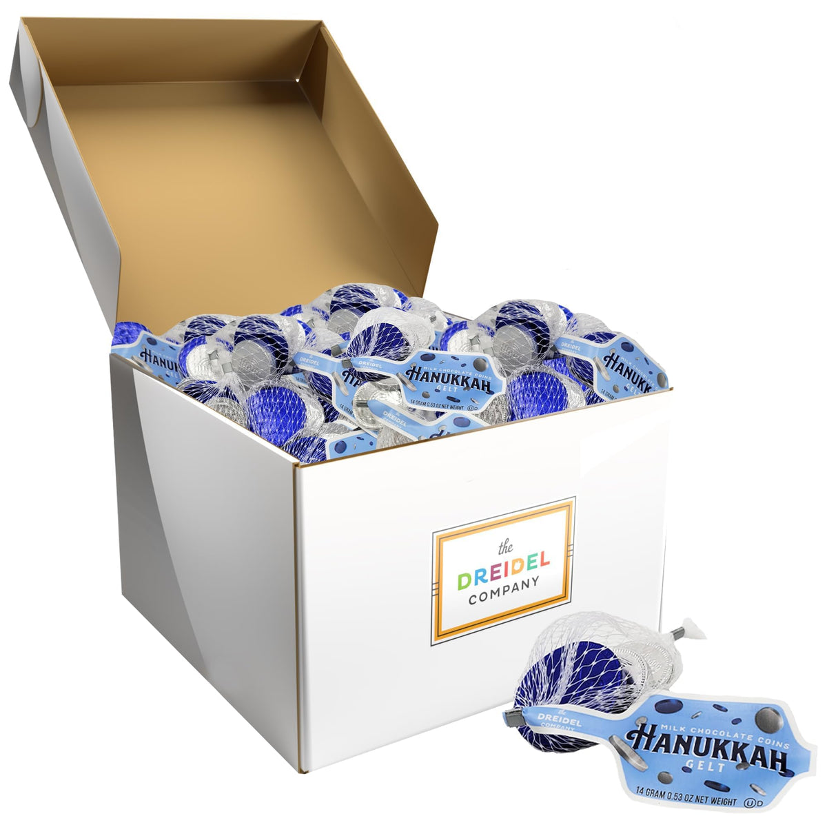 The Dreidel Company 200-Mesh Bags Original Hanukkah Chocolate Gelt Blue & Silver Coins in Mesh Bags, Made with Premium Belgian Milk Chocolate, Gluten