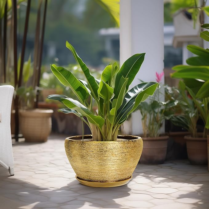 Ceramic Planter 13 Inch - Indoor Plant Pot with Drainage Hole and Saucer Large Ceramic Pot for Plants Mid-Century Decorative Modern Outdoor Flower Pot for Home Decor Gold