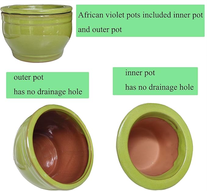 African Violet Pots Self Watering Round Ceramic Violet Pot (Green, 6 inch)