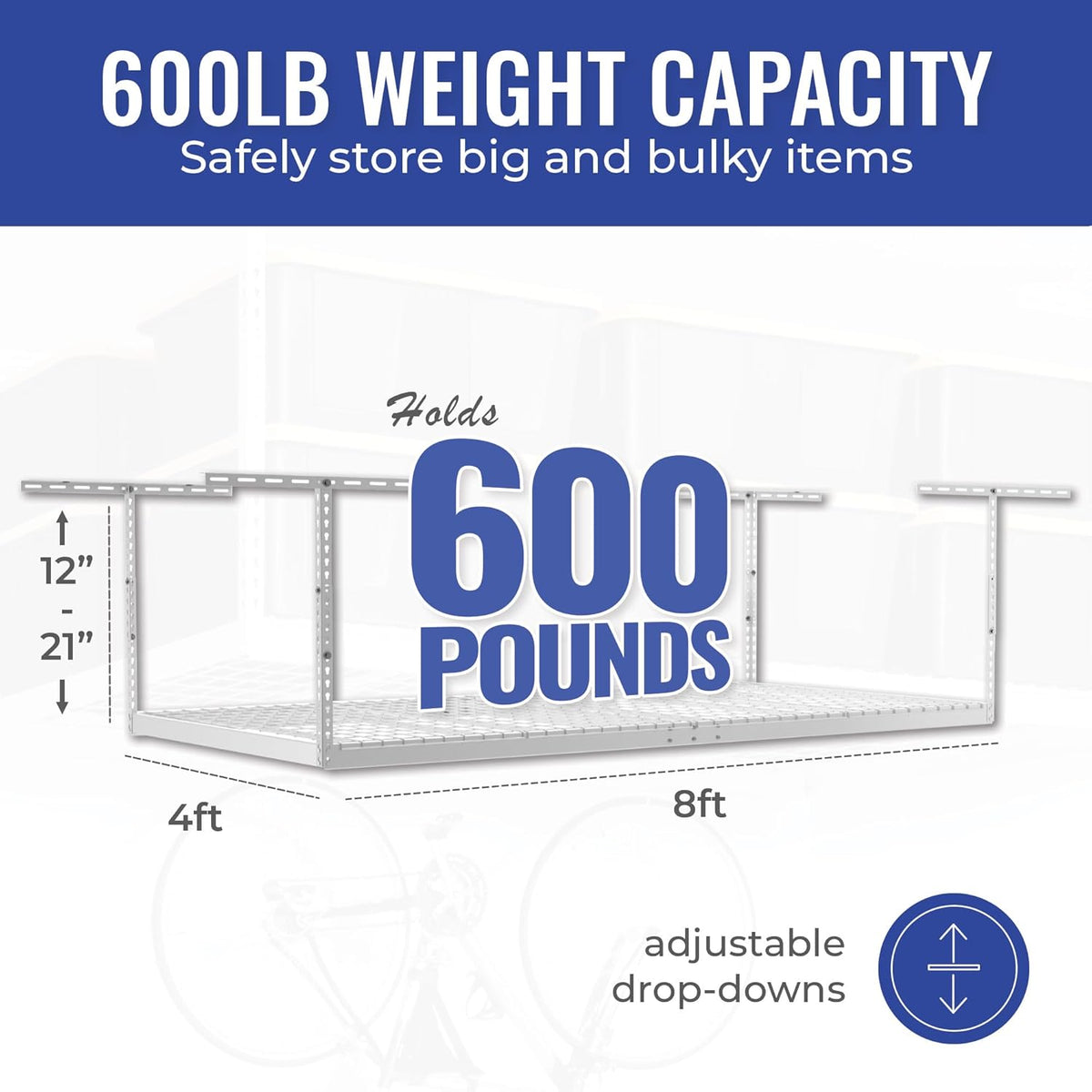 SafeRacks 4x8 Overhead Garage Storage Rack Heavy Duty - White (12"-21") - Holds 600 lb