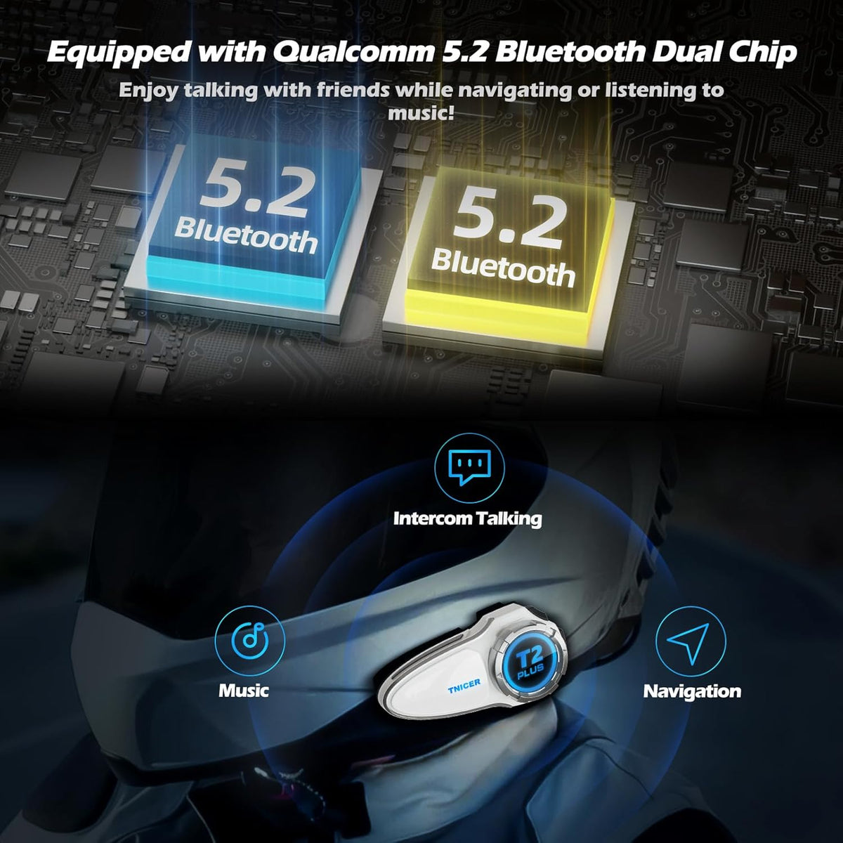 Motorcycle Bluetooth Headset T2Plus Dual Chip MESH Intercom 10-Way Motorcycle Helmet Bluetooth Helmet Intercom Communication Systems with Double Coil Subwoofer Speakers (White/Silver)