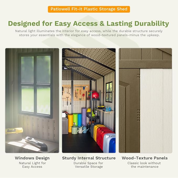 Patiowell 8 x 10 FT Resin Outdoor Storage Shed with Floor, Plastic Shed with Window and Lockable Door for Garden, Backyard, Tool Storage Use, Easy to Install in Brown (Kick-it Shed)