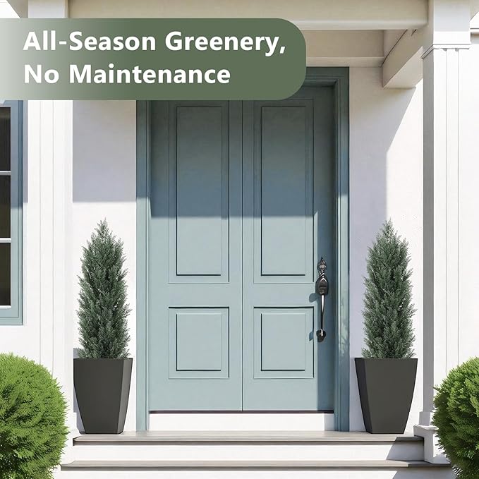 THE BLOOM TIMES 4ft Topiary Trees Artificial Outdoor 2 Pack – UV Resistant Faux Cedar Pine Cypress Bushes and Shrubs, Fake Potted Plants for Front Porch Outside Planter Patio Decor, Set of 2 (4 Foot)