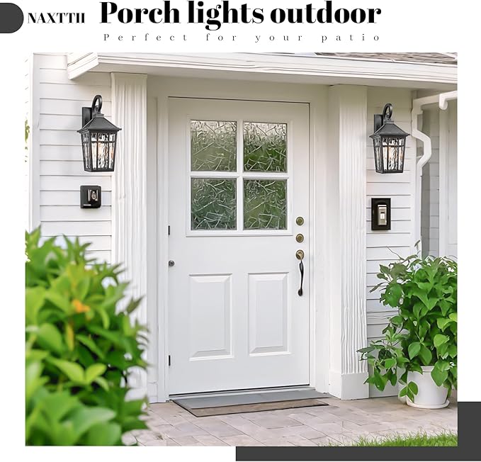 Outdoor Light Fixture 14 Inch Height Outside Wall Lights Black Finish and Water Ripple Glass Exterior Lights for House Garage Porch and Garden E26 Socket 2-Pack