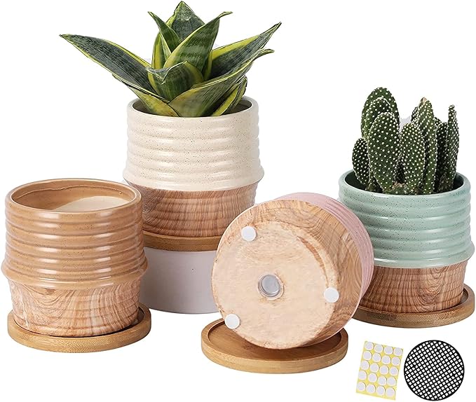 OMAYKEY 4 Inch Ceramic Plant Pot with Saucer, Water Transfer Printing Grain Planters Pots with Drainage Hole & Mesh Pads for Succulent, Indoor Flowers, Snake Plants, Cactus, Herbs, Set of 4