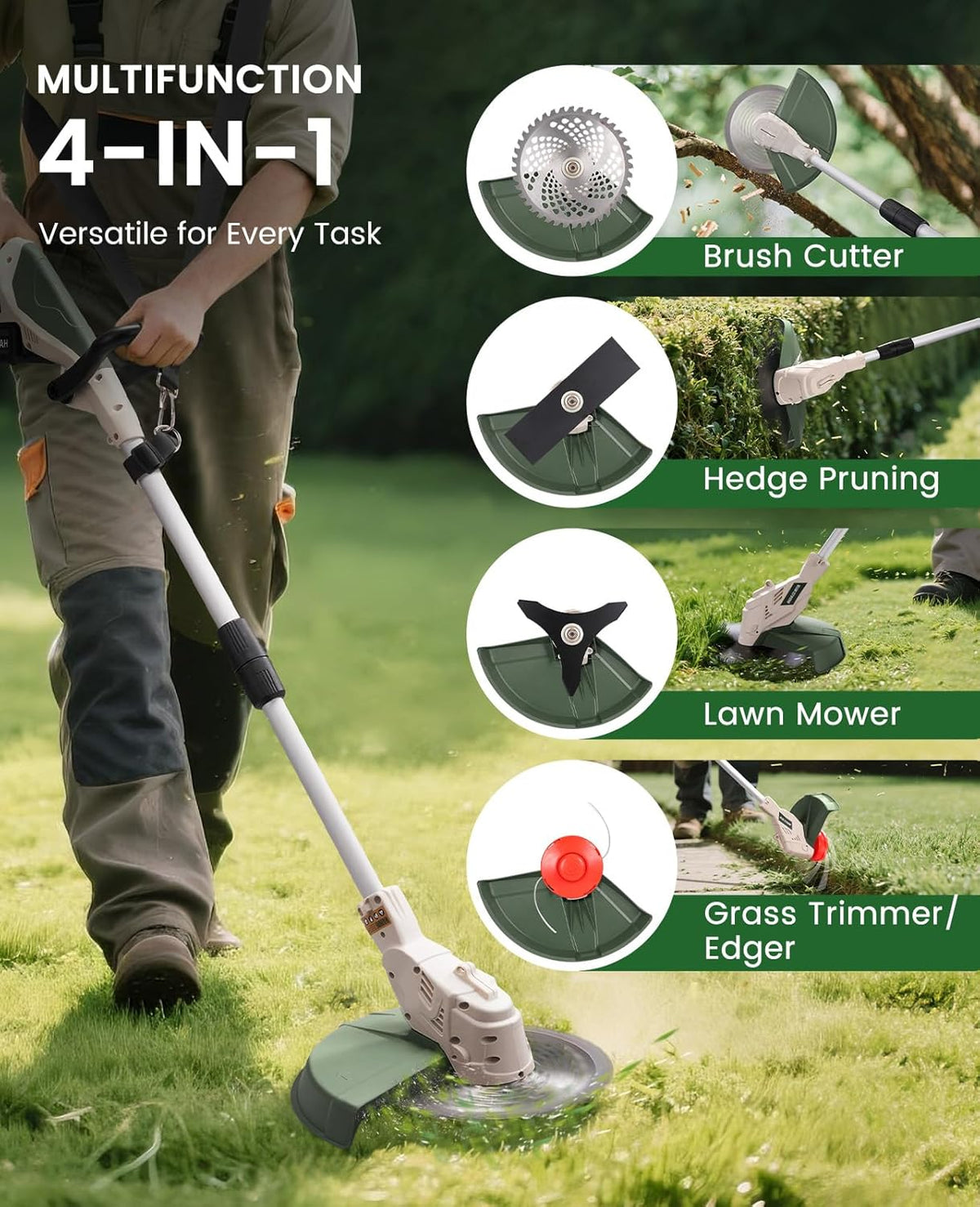 Electric Weed Wacker Cordless, Brushless Grass Trimmer with 21V 4.0Ah Batteries and Charger, 4 Types of Blades String Trimmer, Weed Eater Battery Powered with Shoulder Strap, Lawn Edger Tool