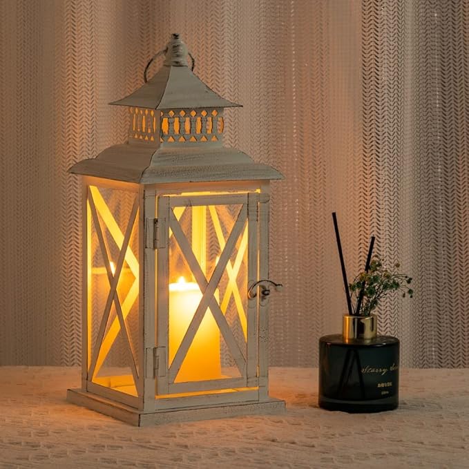 DECORKEY Lantern Decorative Indoor & Outdoor, Large Square Hanging Spring Home Decor, Vintage Metal Decorative Candle Lanterns for Outdoor Patio Wedding Party White with Black Brush