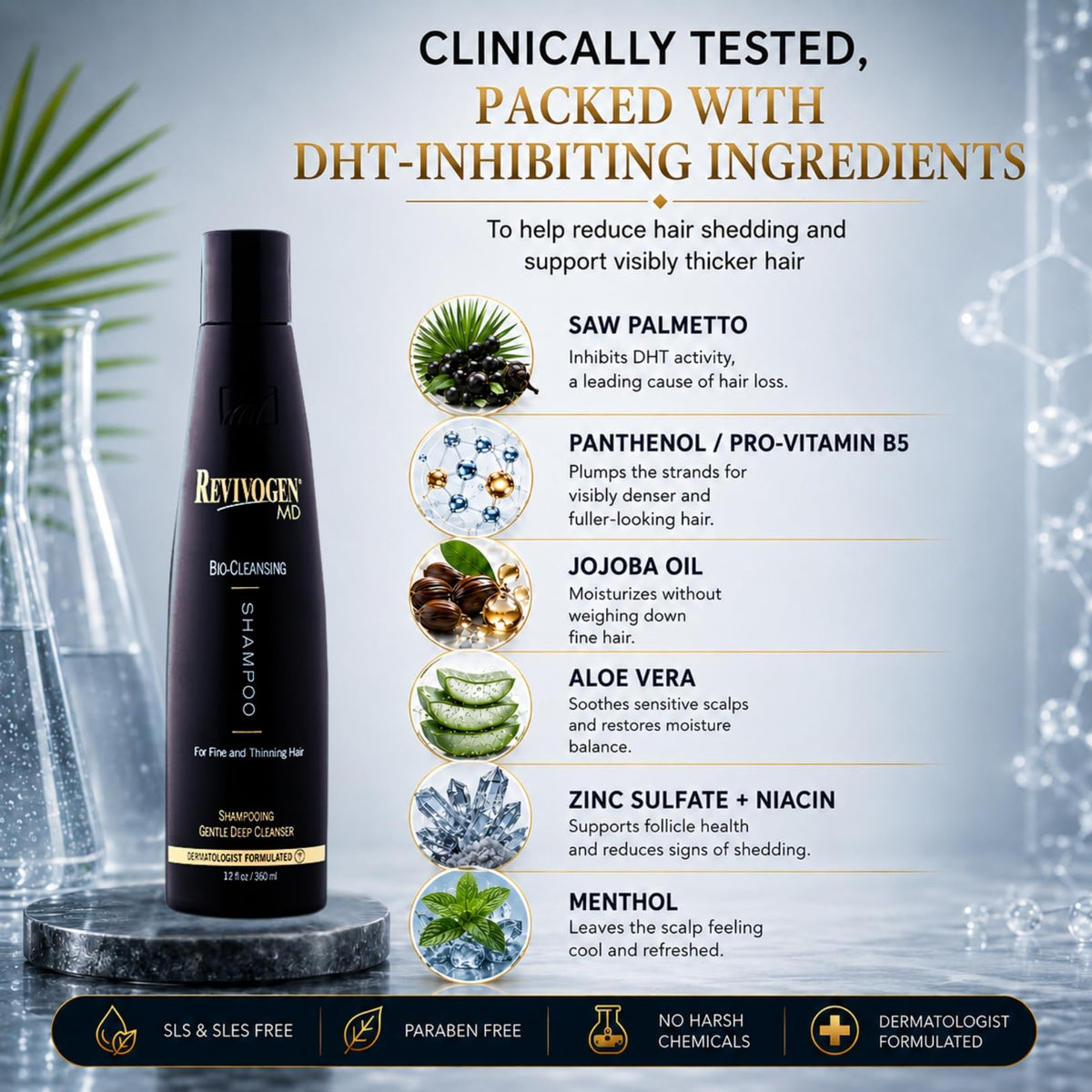 Revivogen MD Bio-Cleansing Shampoo for Thinning Hair, Saw Palmetto & Biotin