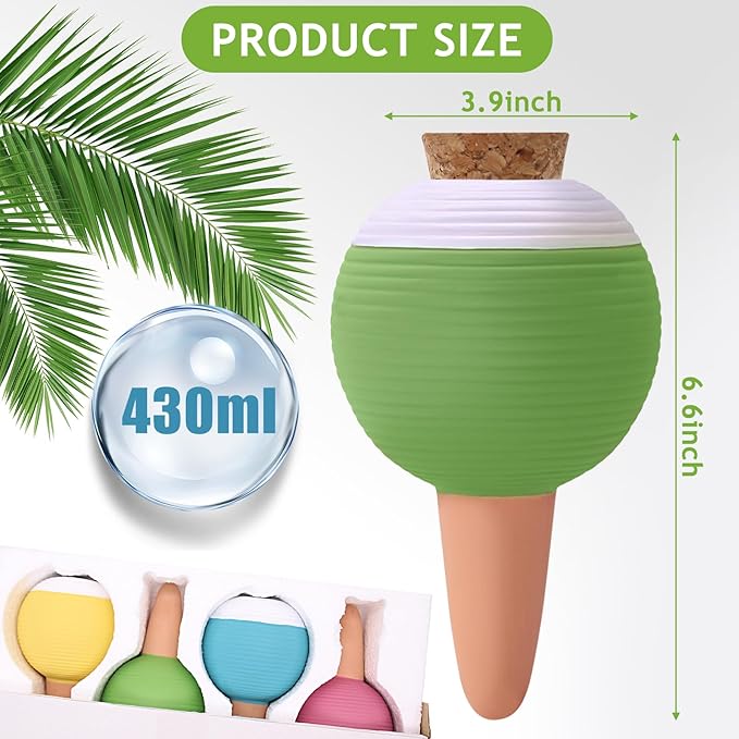 4PCS Plant Watering Globes, Large Terracotta Automatic Watering Stake Devices with Wooden Stopper for Pots, Planters, Indoor, Outdoor