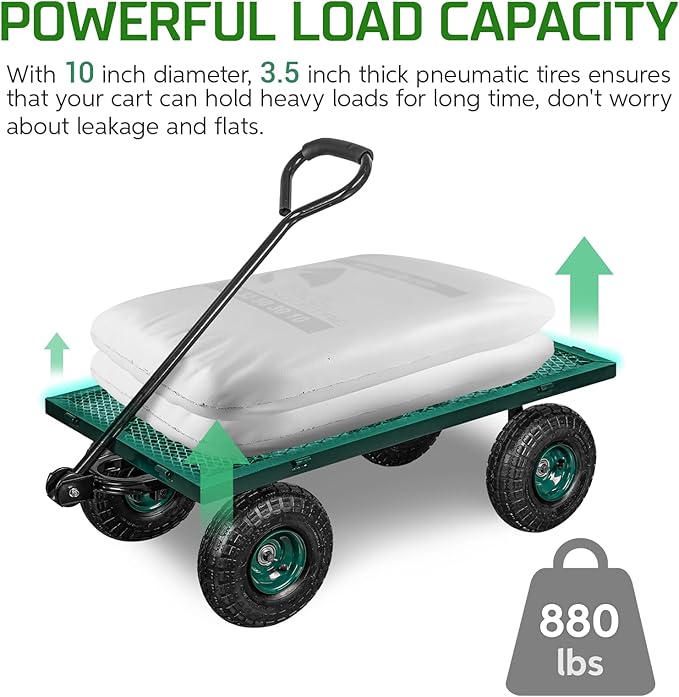 TAIFA Heavy Duty Steel Garden Cart 880 Lbs Capacity with Removable Sides for Yard Lawn and Farm, Metal Utility Wagon with 180° Rotating Handle, Green