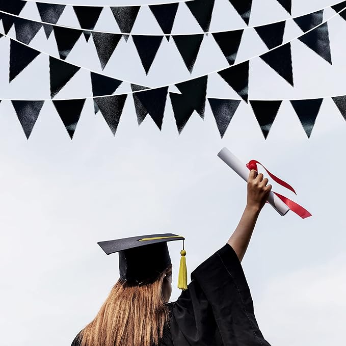 Black Party Decorations Triangle Pennant Banner Flag Black Metallic Fabric Bunting Garland for Graduation Birthday Wedding Engagement Bachelorette Holiday Halloween Celebration Hen Party Supplies
