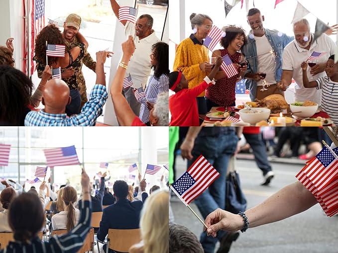 100pcs Small American Flags on Stick, Handheld 8 x 5.5 Inchs Mini American Flags with Kid-Safe Golden Spear Top, US Flags for 4th of July Decorations Outdoor, Independence Day Decorations