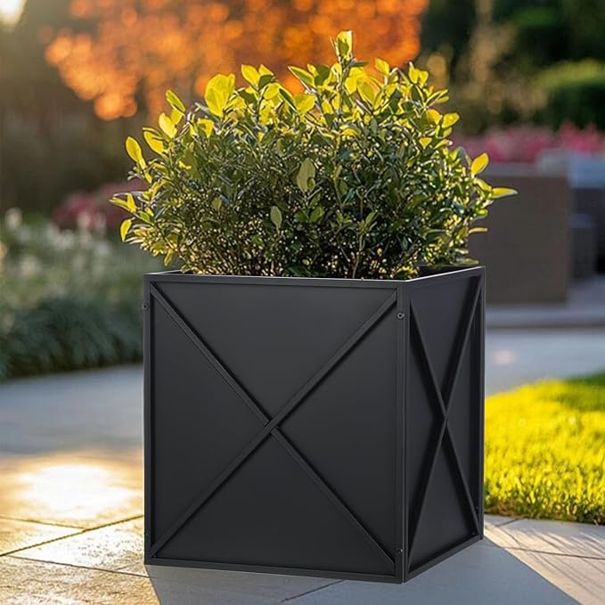 Metal Square Planter Box Tall Planters for Outdoor Plants Modern Heavy Duty with Drainage Holes for Outside Indoor Patio Deck - Black, 17”x 17”x 18”