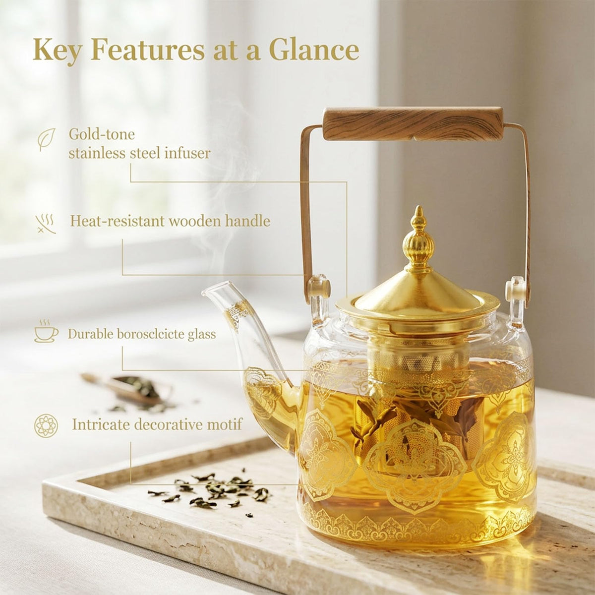 dingdaer Glass Teapot Stovetop 36 OZ/1100ml, Borosilicate Clear Tea Kettle, Tea pot with Removable Stainless Steel Infuser, Flower teaTea Leaf Teapot Maker Tea Brewer for Camping, Travel, Square