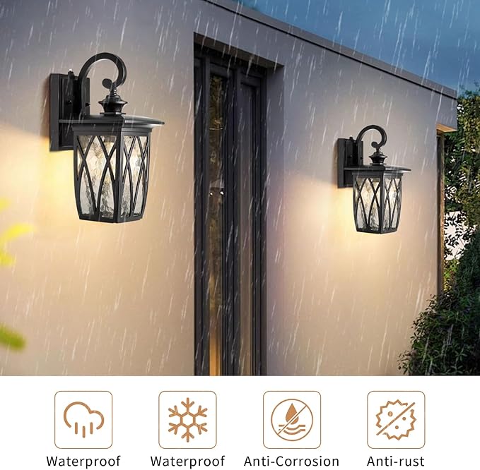 JYZ Dusk to Dawn Outdoor Wall Lantern, Craftsman Style Exterior Sconce Light with Water Ripple Glass, Traditional Porch Light Fixture Wall Mount Lamp for Front Porch Doorway Garage Patio Garden