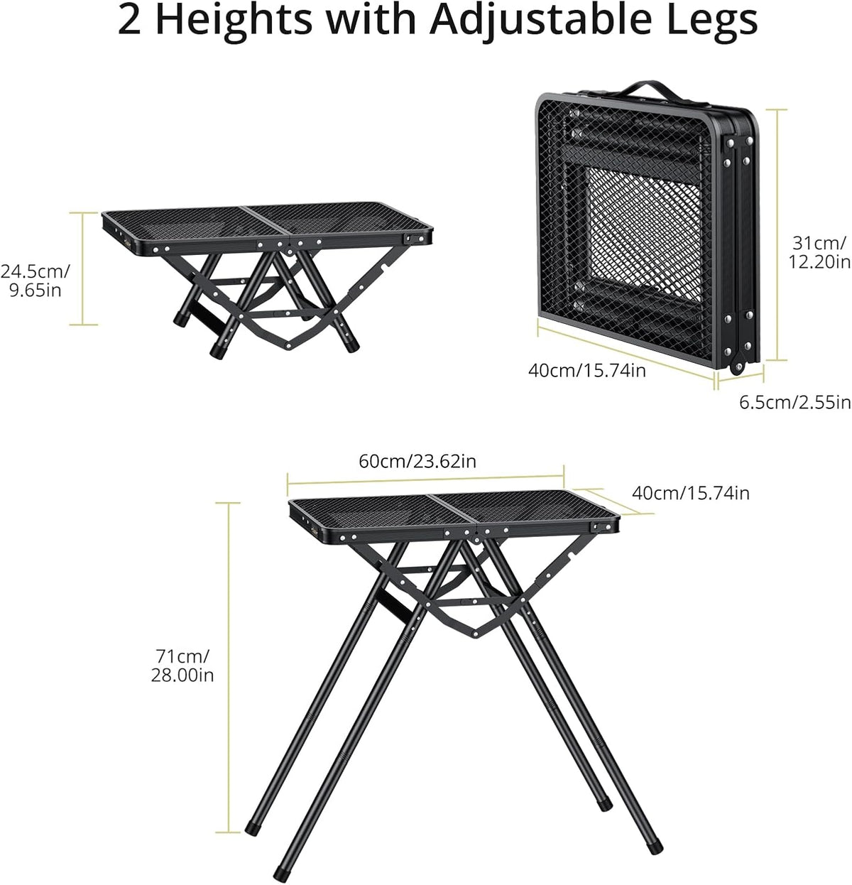 2ft Sturdy Folding Grill Table, Supports 180 Lbs, 2 Adjustable Height 28” Portable Grill Table, Heat-Resistant Tabletop, Folding Metal Table for Camping BBQ Cooking Backyard, 24" X 16", Black
