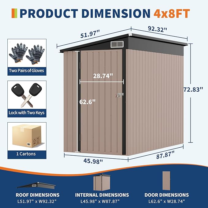 4x8 FT Metal Outdoor Lean to Storage Shed, Lean to Garden Shed Utility Tool Shed, Heavy-Duty Outdoor Metal Wall Side Storage Sheds