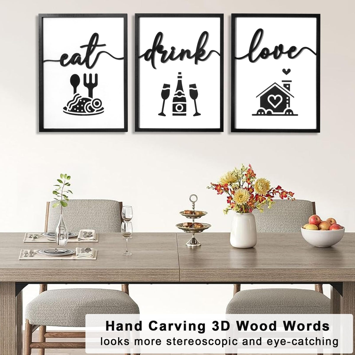 3D Wood Dining Room Wall Decor, Framed Kitchen Pictures Wall Art for Dining Room Wall Decor(Ready to Hang, 12x16 inches, Set of 3, Framed)