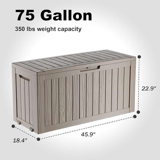 75 Gallon Waterproof Outdoor Storage Box,Resin Deck Box,Lockable Outside Storage Box Container for Patio Furniure,Garden,Pool Tools (75 Gallon,Grey)