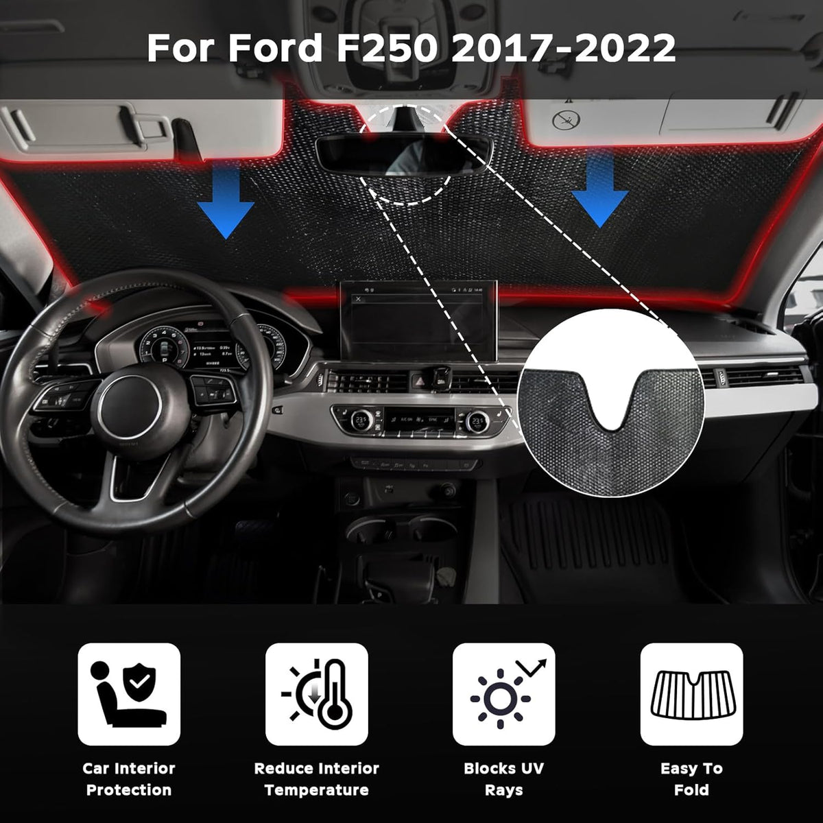 Windshield Sun Shade for 2017-2022 Ford F250 F350 F450 F550 Super Duty - 5-Layer Bubble Foldable Front Window Shade Sun Visor Accessories - Blocks Heat & UV Rays