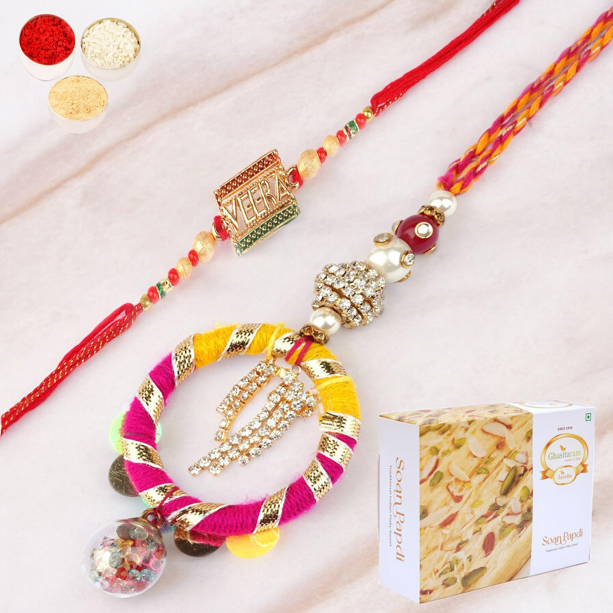 Ghasitaram Gifts Rakhi for Brother Rakhis Online - RM-130 Bhaiya Bhabhi Rakhi with 400 GMS of Soan Papdi