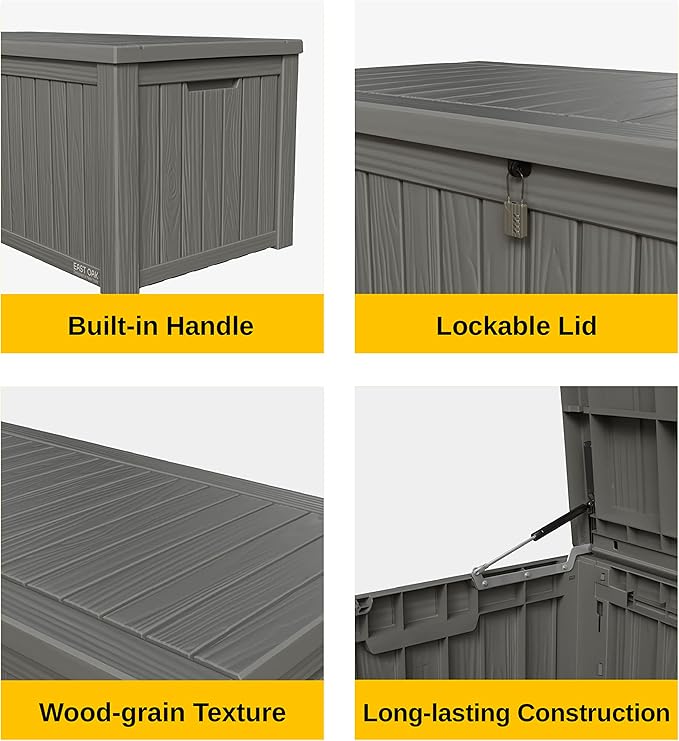 EAST OAK Outdoor Storage Box, 150 Gallon Deck Box, Large Resin Storage Bin for Patio Cushions, Gardening Tools, Lockable, Waterproof and UV Resistant, Grey
