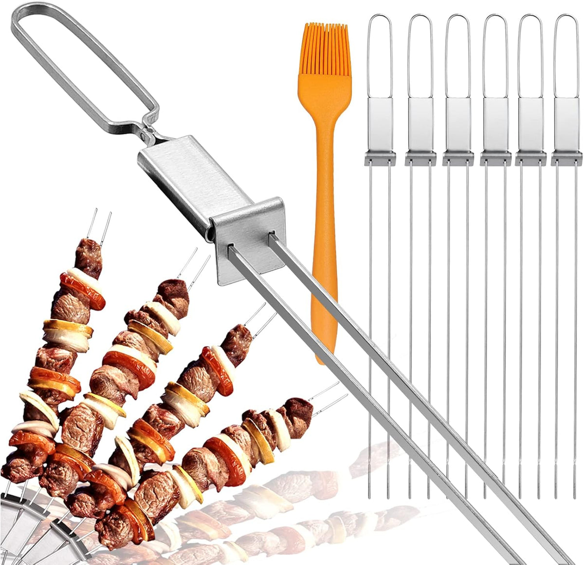 Skewers for Grilling- 17 inch (6 Pack) Double Pronged Flat Stainless Steel BBQ Skewer with Push Bar- Kabob Skewers Skewer Sticks for Camping or family - Reusable, BBQ Accessories