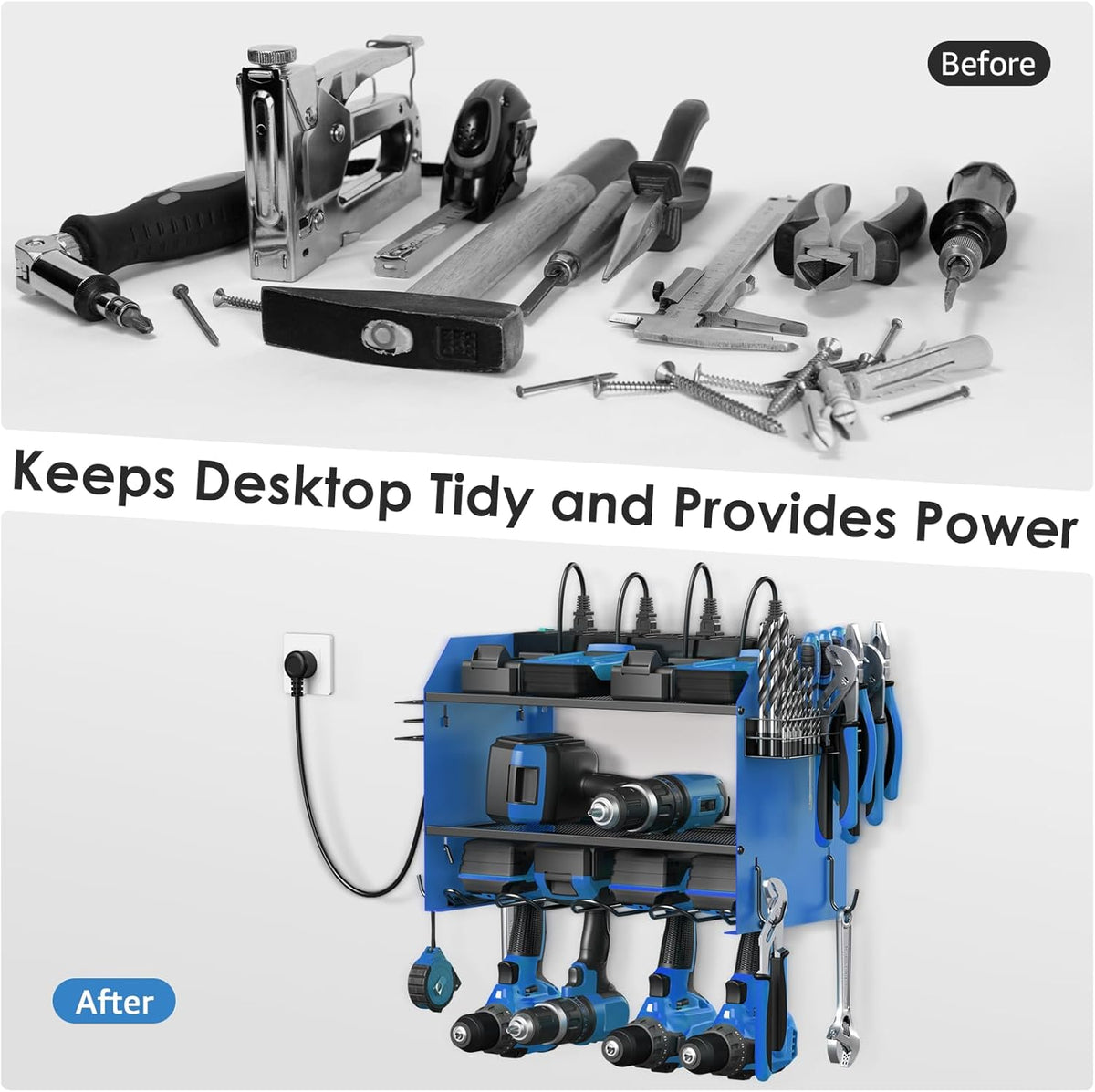 CCCEI Modular Power Tool Organizer Wall Mount with Charging Station. Garage 4 Drill Storage Shelf with Hooks, Screwdriver, Drill Bit Heavy Duty Rack, Tool Battery Holder Built in 8 Outlet Power Strip.