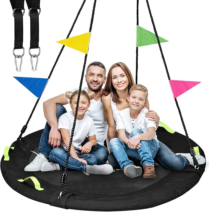 Tree Swing, 60 inch Larger Saucer Swing for Whole Family, 900lbs Weight Capacity, with Adjustable Hanging Straps, for Outdoor Backyard, Gifts for Kids, Black