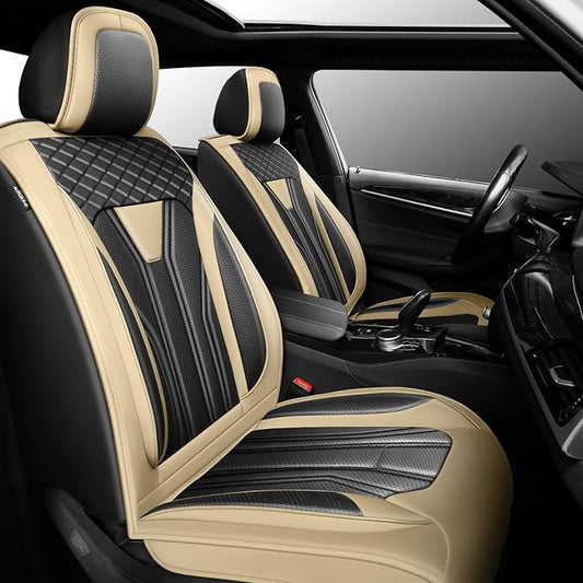 Fit Leaf Car Seat Covers Compatible with Nissan Leaf 2012-2025 2026 - Premium Leather， Waterproof Breathable， All-Weather Seat Cushion Protecto&Airbag Compatible (2 Front Seat Beige&Black)