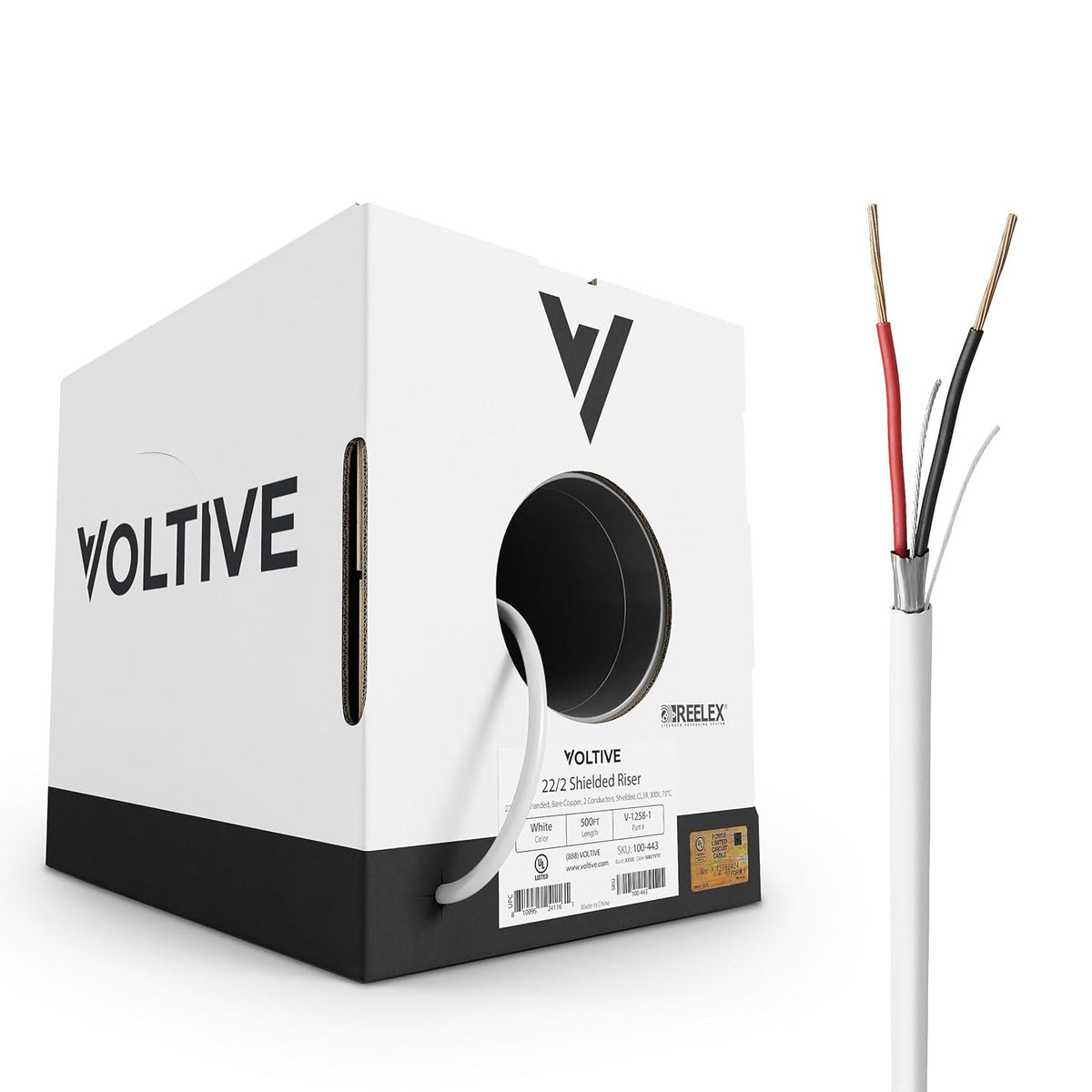 Voltive 22/2 Shielded Riser - CL3R Rated - Bare Copper - 500 Foot Box - White