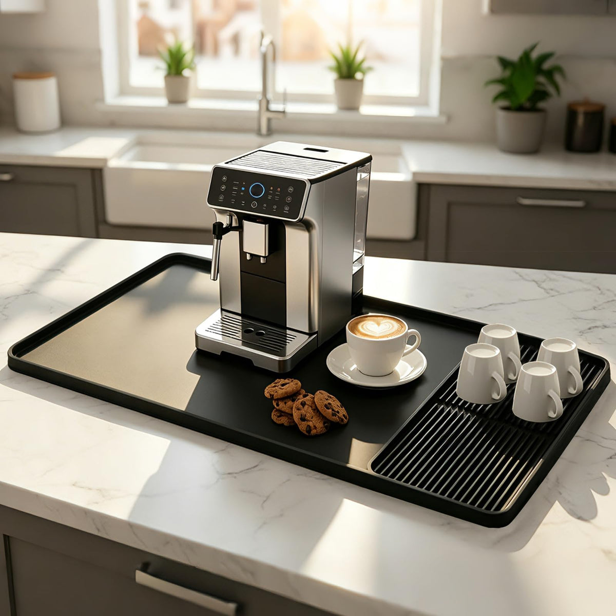 Coffee Mat with Detachable Dish Drying Mat，24'' x 16'' Large Silicone Coffee Bar Station Mat for Countertop, Stays in Place, Waterproof and Heat Resistant Machine Accessories Mat with Raised Edges
