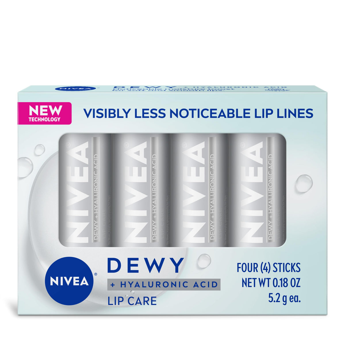 NIVEA Dewy and Hyaluronic Acid Lip Care, Moisturizing Lip Balm, 4 x 0.18 OZ