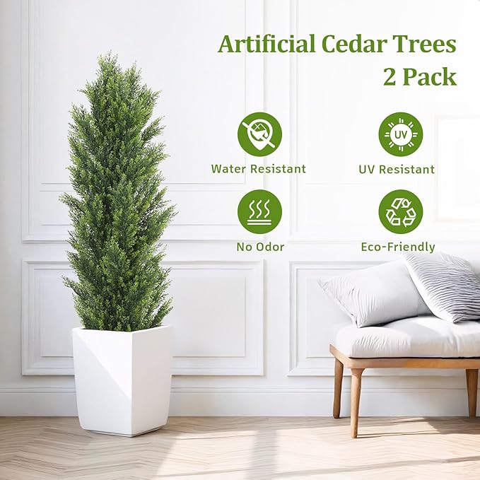 THE BLOOM TIMES 5ft Topiary Trees Artificial Outdoor – UV Resistant Faux Cedar Pine Cypress Bushes and Shrubs, Fake Potted Plants for Front Porch Outside Planter Patio Decor, Set of 2 (5 Foot)