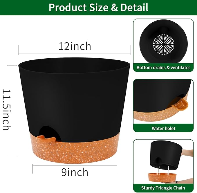 GARDIFE 12 inch Plant Pots, planters, Self Watering Pots, Large Plastic Flower pots with Deep Reservior and High Drainage Holes for Indoor Outdoor Plants and Flowers, Black