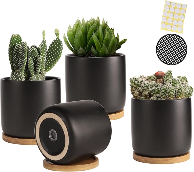 OMAYKEY 4 Inch Ceramic Plant Pot with Saucer, Black Planters Pots with Drainage Hole and Mesh Pads for Succulent, Snake, Cactus, Herbs - 4 Packs(Plant Not Included)