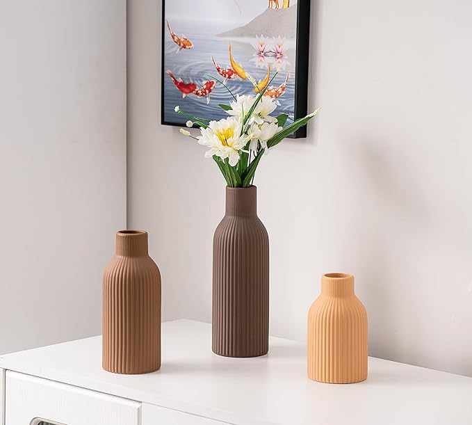 Ceramic Vase Set of 3, Flower Vases for Spring Room Decor, Kitchen Farmhouse, Modern Boho Style(Brown/Dark Brown/Orange)