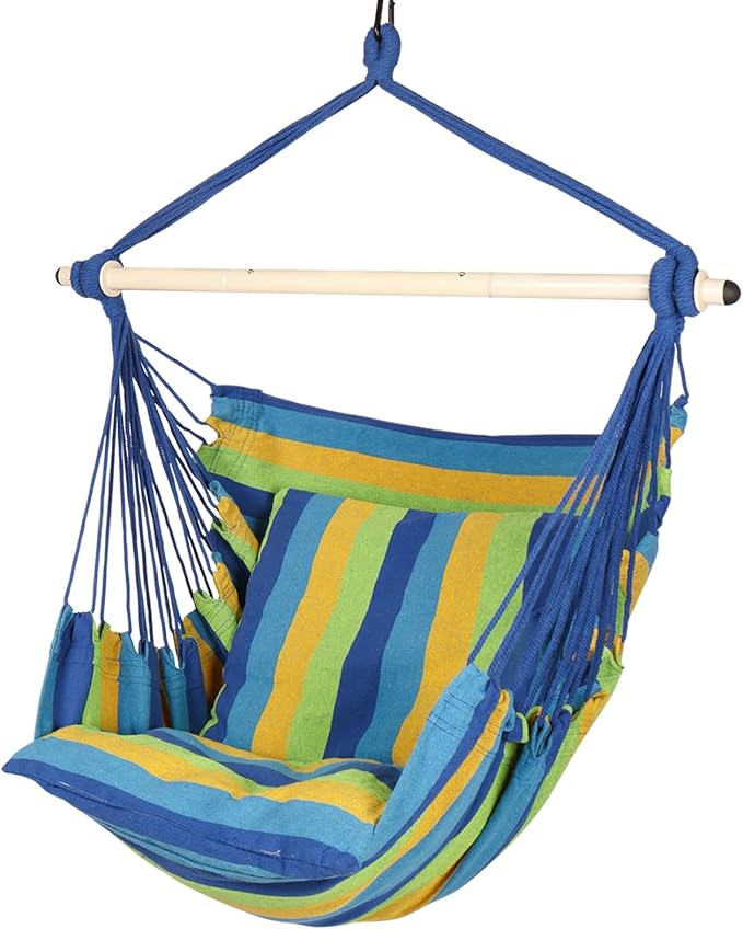 Highwild Hammock Chair Hanging Rope Swing - Max 500 Lbs - 2 Cushions Included - Steel Spreader Bar with Anti-Slip Rings - for Any Indoor or Outdoor Spaces (Blue Striped)