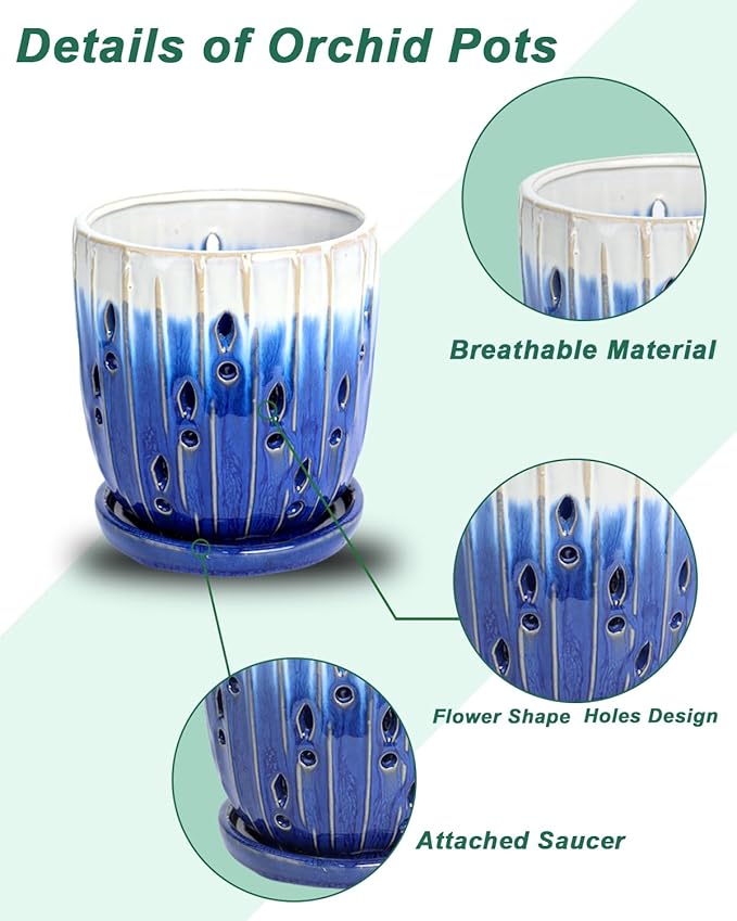 vensovo 6 Inch Ceramic Orchid Pot - Orchid Pot with Holes for Repotting, Ceramic Planter with Saucer for Indoor/Outdoor Plants, Blue